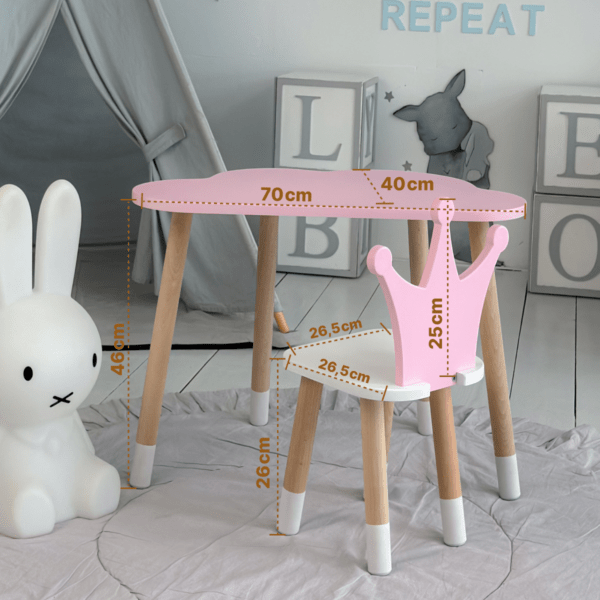 Kindertisch in Wolkenform und rosa Stuhl in Kronenform mit weißem Sitz – Bild 13