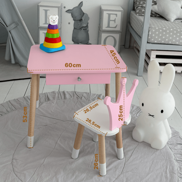 Rosa Kindertisch mit Schublade und rosa Stuhl in Kronenform – Bild 13