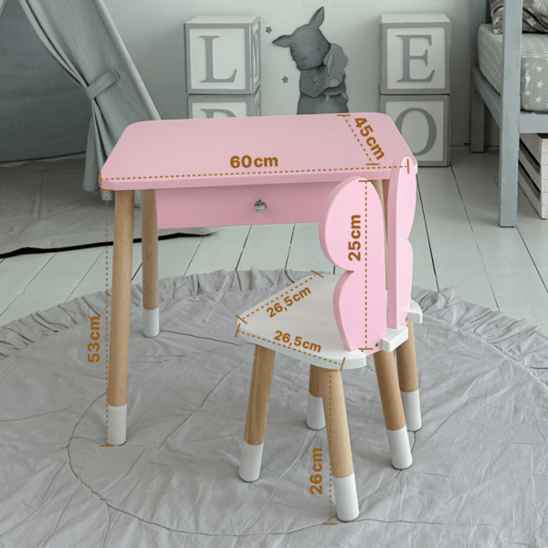 Rosa Kindertisch mit Schublade und rosa Stuhl in Schmetterlingsform – Bild 13