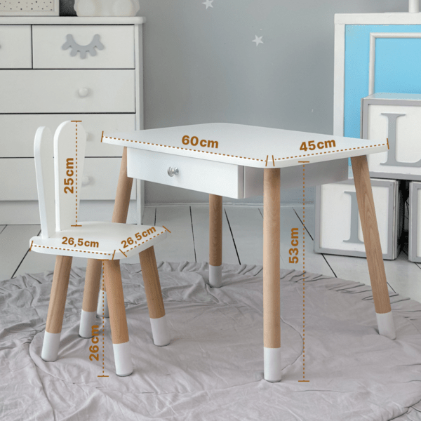 Weißer Kindertisch mit Schublade und Stühlchen in Form eines weißen Häschens – Bild 5