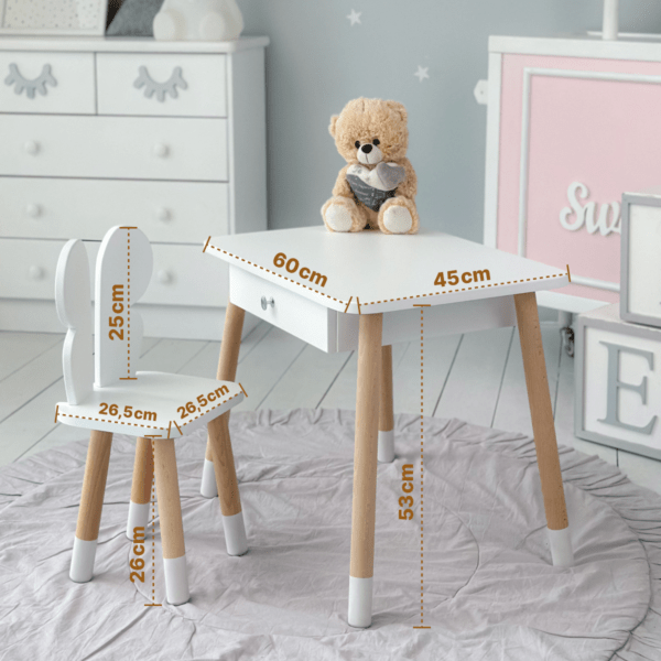 Weißer Kindertisch mit Schublade und Stuhl in Schmetterlingsform in Weiß – Bild 13