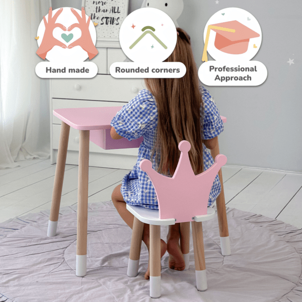 Rosa Kindertisch mit Schublade und rosa Stuhl in Kronenform – Bild 4