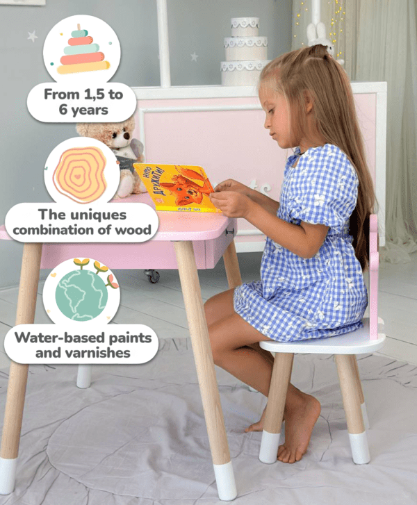 Rosa Kindertisch mit Schublade und rosa Stuhl in Kronenform – Bild 2