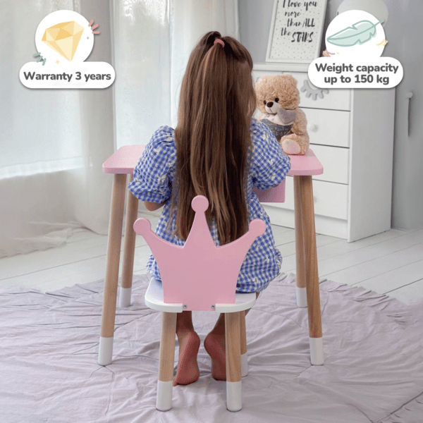 Rosa Kindertisch mit Schublade und rosa Stuhl in Kronenform – Bild 8