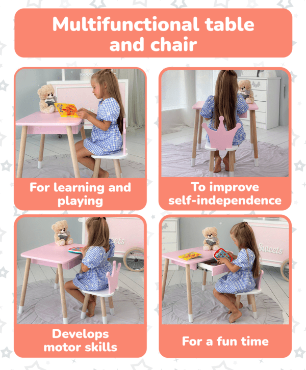 Rosa Kindertisch mit Schublade und rosa Stuhl in Kronenform – Bild 10