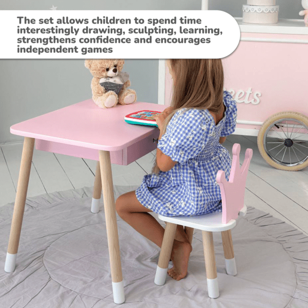 Rosa Kindertisch mit Schublade und rosa Stuhl in Kronenform – Bild 12