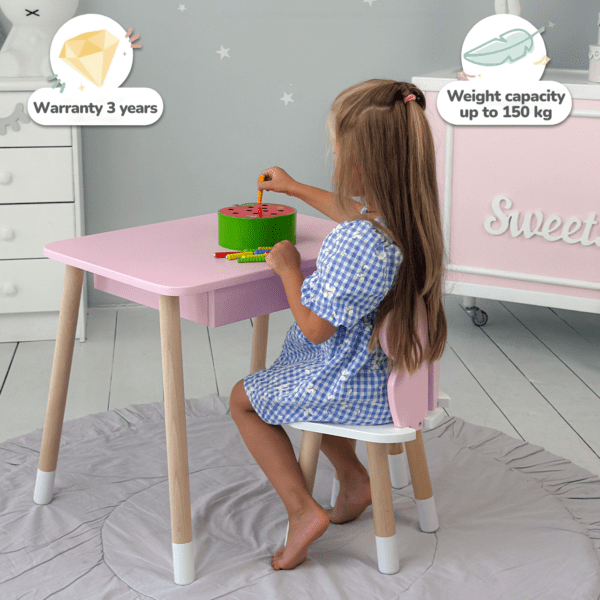 Rosa Kindertisch mit Schublade und rosa Stuhl in Schmetterlingsform – Bild 8