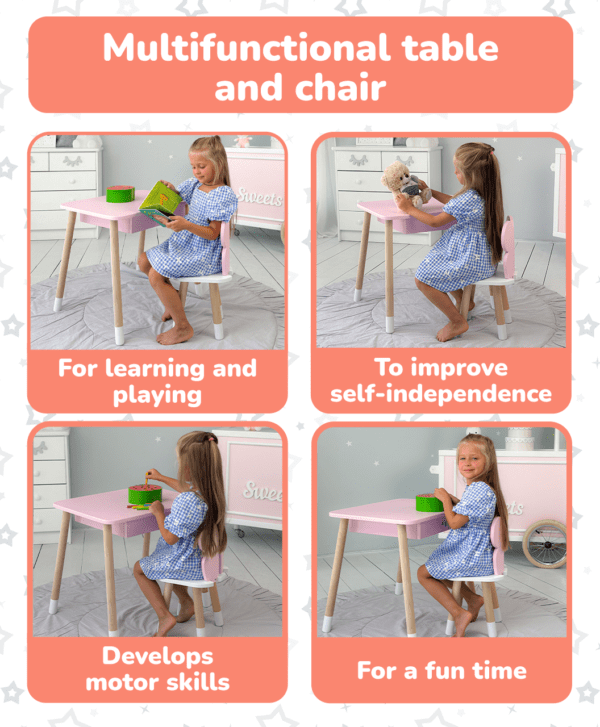 Rosa Kindertisch mit Schublade und rosa Stuhl in Schmetterlingsform – Bild 10