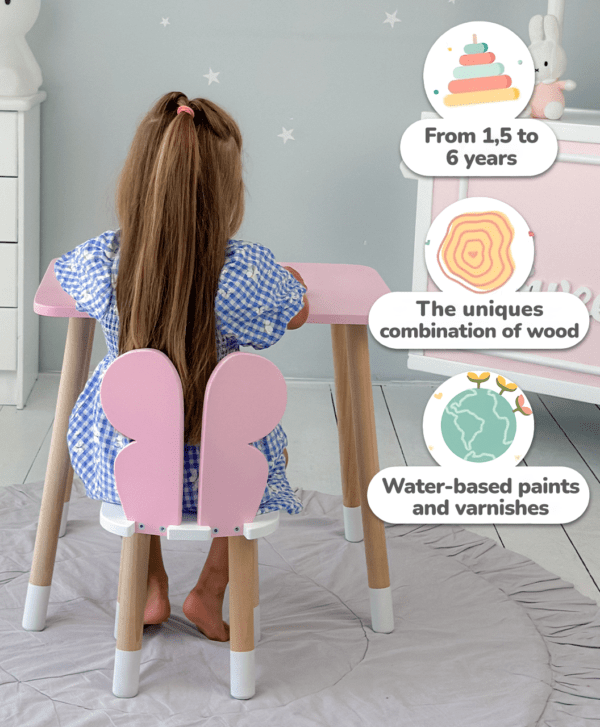 Rosa rechteckiger Schmetterlings-Kindertisch und -Stuhl mit weißer Sitzfläche – Bild 4