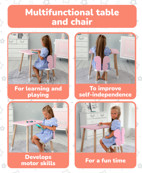 Rosa rechteckiger Schmetterlings-Kindertisch und -Stuhl mit weißer Sitzfläche – Bild 10