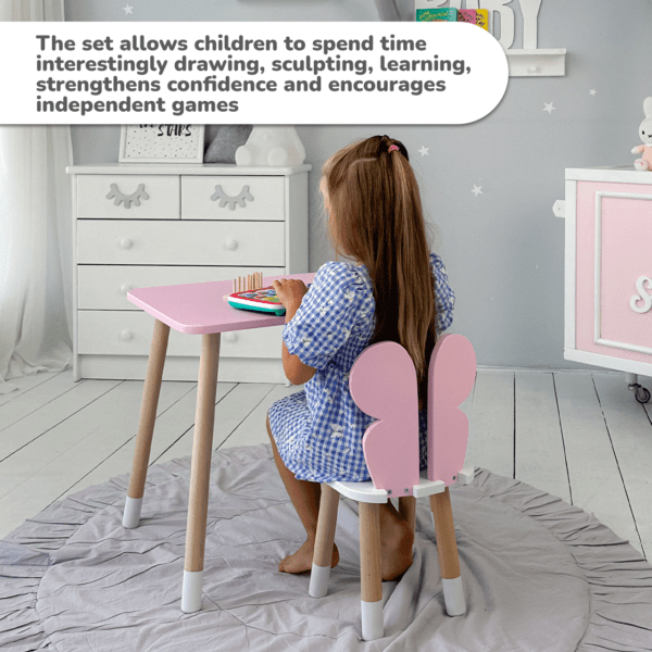 Rosa rechteckiger Schmetterlings-Kindertisch und -Stuhl mit weißer Sitzfläche – Bild 12