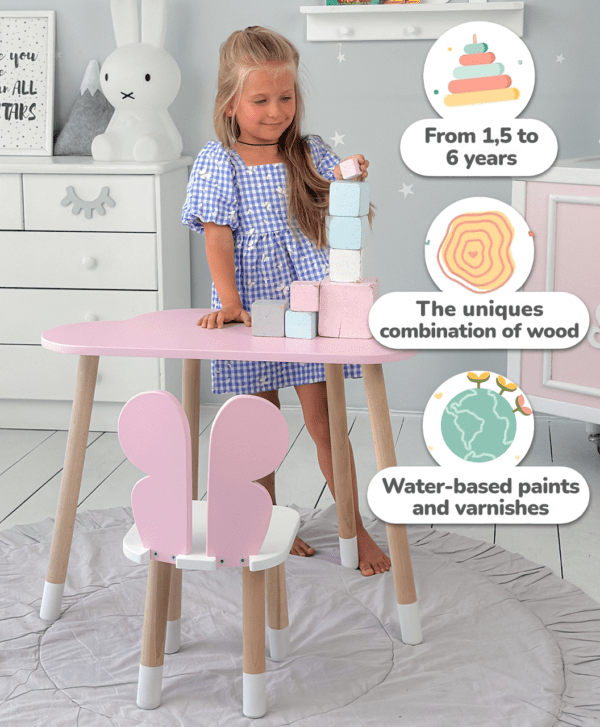 Kindertisch in Form einer Wolke und rosa Stuhl in Form eines Schmetterlings mit weißer Sitzfläche – Bild 4