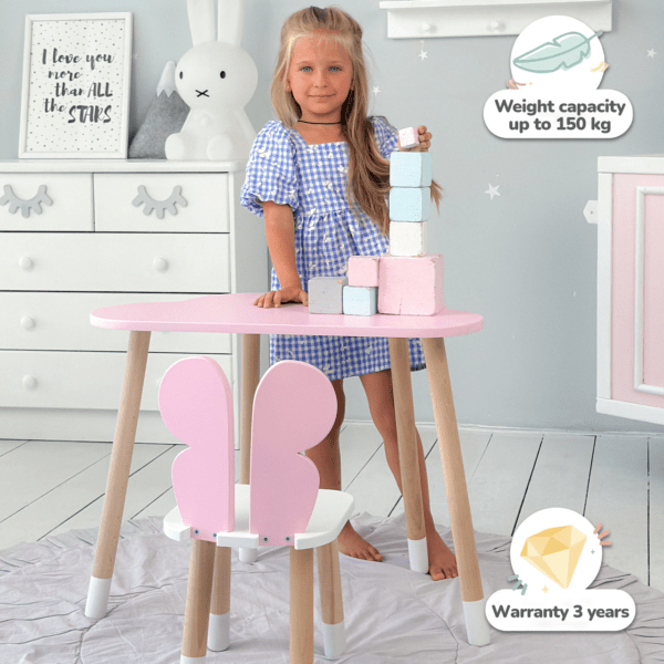 Kindertisch in Form einer Wolke und rosa Stuhl in Form eines Schmetterlings mit weißer Sitzfläche – Bild 8