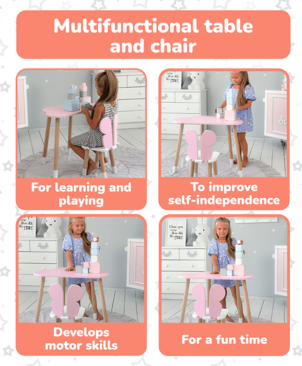 Kindertisch in Form einer Wolke und rosa Stuhl in Form eines Schmetterlings mit weißer Sitzfläche – Bild 10