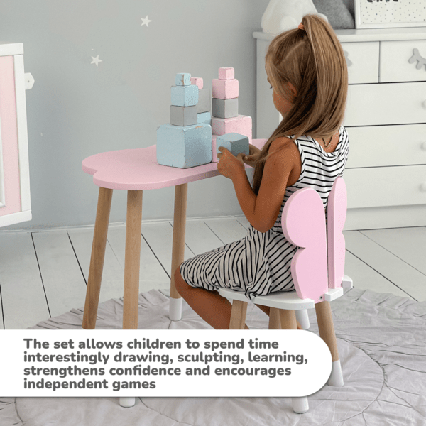 Kindertisch in Form einer Wolke und rosa Stuhl in Form eines Schmetterlings mit weißer Sitzfläche – Bild 12
