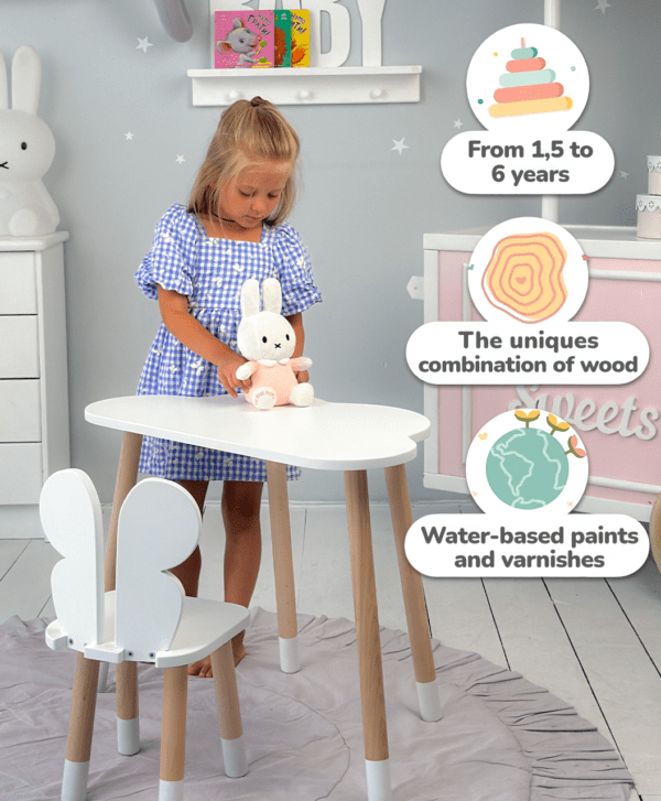 Kindertisch in Wolkenform und weißer Stuhl in Schmetterlingsform – Bild 4