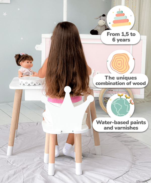 Weißer Kindertisch mit Schublade und weißem Stuhl in Form einer Krone – Bild 4