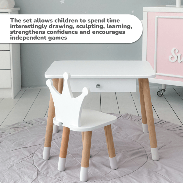 Weißer Kindertisch mit Schublade und weißem Stuhl in Form einer Krone – Bild 10