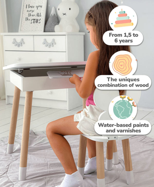 Weißer Kindertisch mit ausklappbarer Tischplatte und weißem Stühlchen in Schmetterlingsform – Bild 4