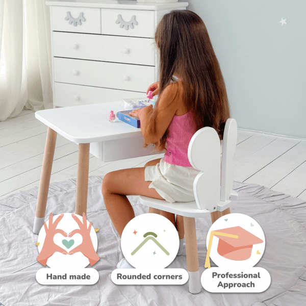 Weißer Kindertisch mit Schublade und Stuhl in Schmetterlingsform in Weiß – Bild 2