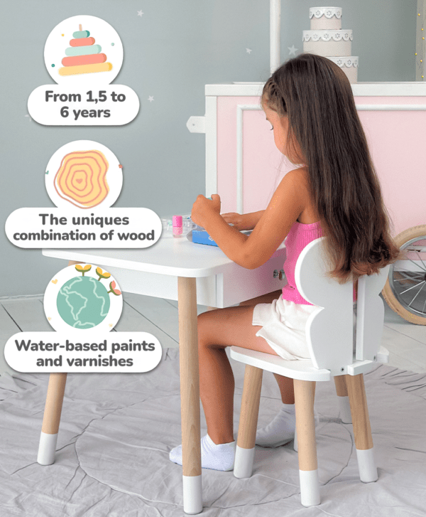Weißer Kindertisch mit Schublade und Stuhl in Schmetterlingsform in Weiß – Bild 4