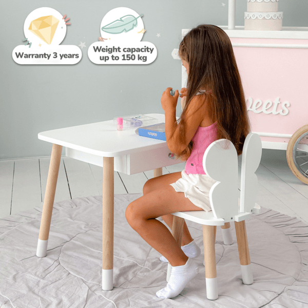 Weißer Kindertisch mit Schublade und Stuhl in Schmetterlingsform in Weiß – Bild 6