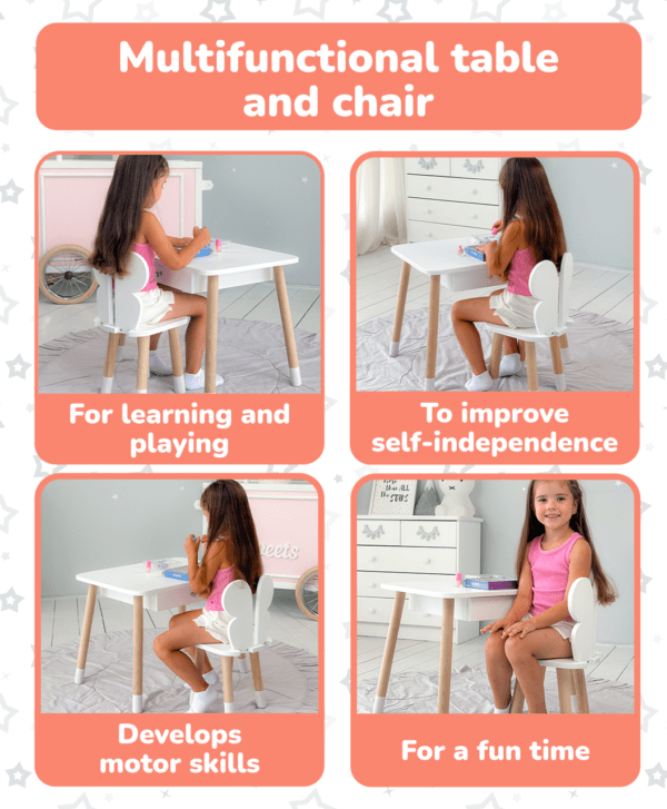 Weißer Kindertisch mit Schublade und Stuhl in Schmetterlingsform in Weiß – Bild 10