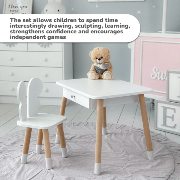 Weißer Kindertisch mit Schublade und Stuhl in Schmetterlingsform in Weiß – Bild 12