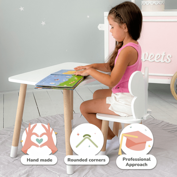 Weißer rechteckiger Tisch und Stuhl für Kinder, weiß mit einem Bild eines Schmetterlings – Bild 2