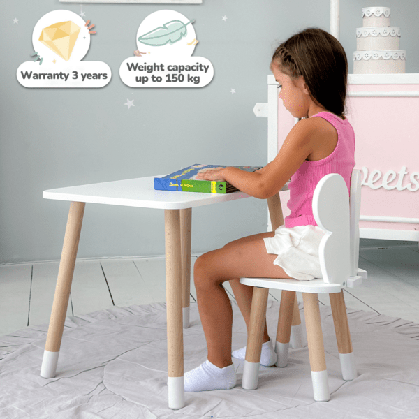 Weißer rechteckiger Tisch und Stuhl für Kinder, weiß mit einem Bild eines Schmetterlings – Bild 8