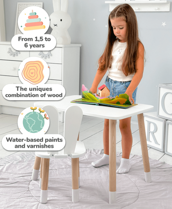 Weißer rechteckiger Tisch und weißer Kinderstuhl mit einem Bild von einem Hasen – Bild 2