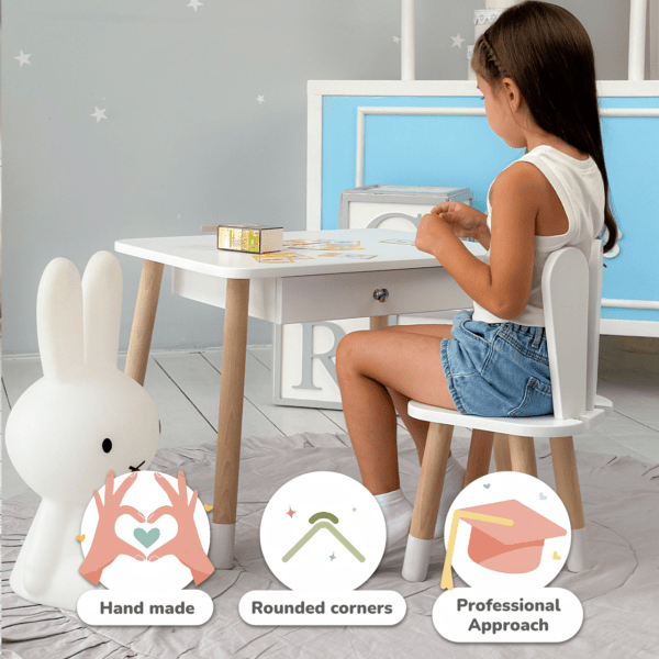 Weißer Kindertisch mit Schublade und Stühlchen in Form eines weißen Häschens – Bild 2
