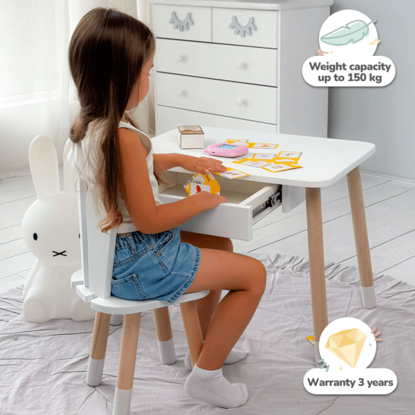 Weißer Kindertisch mit Schublade und Stühlchen in Form eines weißen Häschens – Bild 8