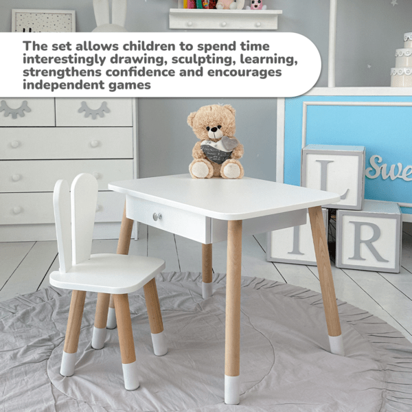 Weißer Kindertisch mit Schublade und Stühlchen in Form eines weißen Häschens – Bild 10
