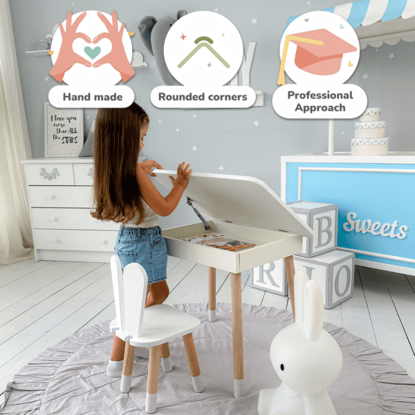 Weißer Kindertisch mit klappbarer Tischplatte und weißem Stühlchen in Form eines Häschens – Bild 2