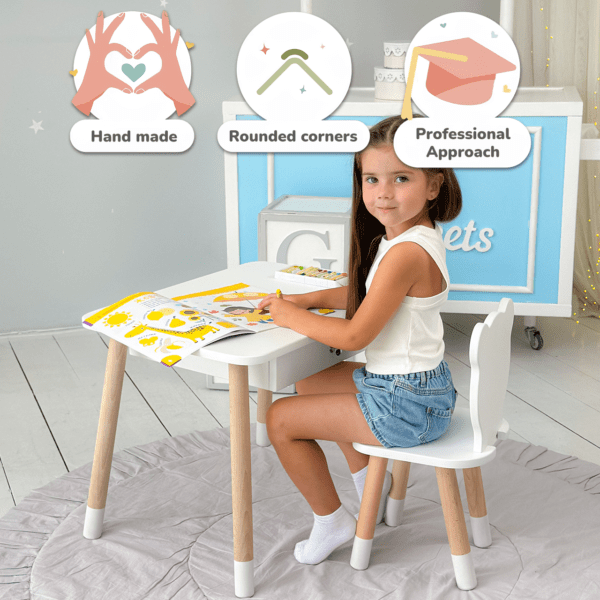Weißer Kindertisch mit Schublade und Stuhl in Form eines weißen Bären – Bild 2