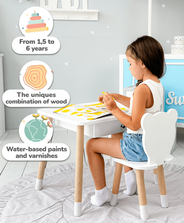 Weißer Kindertisch mit Schublade und Stuhl in Form eines weißen Bären – Bild 4