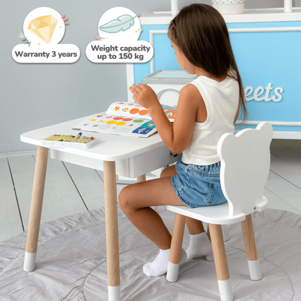 Weißer Kindertisch mit Schublade und Stuhl in Form eines weißen Bären – Bild 6