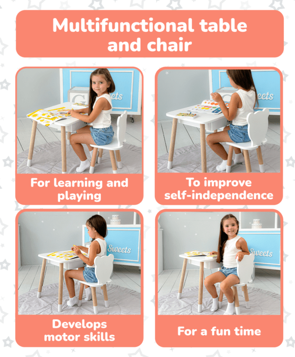 Weißer Kindertisch mit Schublade und Stuhl in Form eines weißen Bären – Bild 10