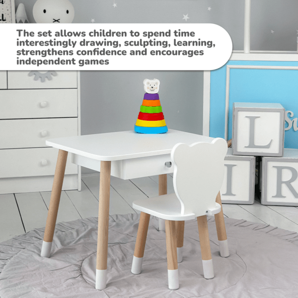Weißer Kindertisch mit Schublade und Stuhl in Form eines weißen Bären – Bild 12