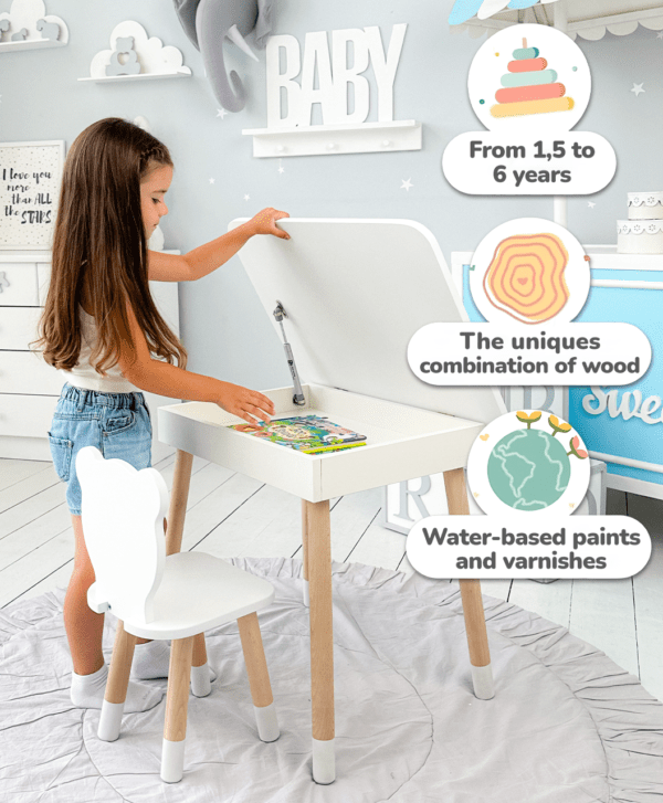 Weißer Kindertisch mit klappbarer Tischplatte und weißem Stühlchen in Bärenform – Bild 4