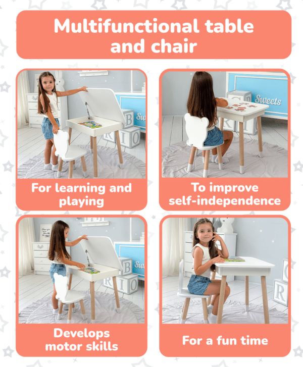 Weißer Kindertisch mit klappbarer Tischplatte und weißem Stühlchen in Bärenform – Bild 10