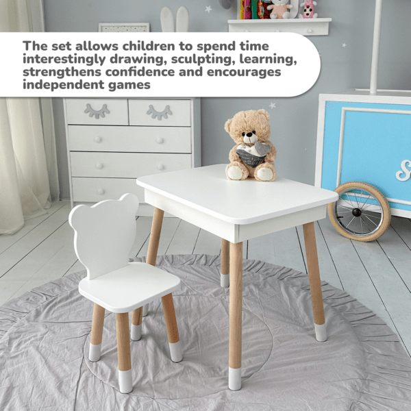 Weißer Kindertisch mit klappbarer Tischplatte und weißem Stühlchen in Bärenform – Bild 12