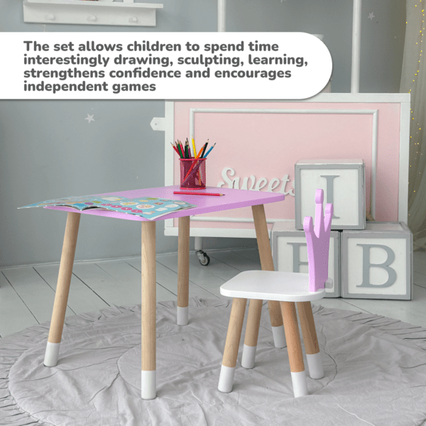 Lila rechteckiger Tisch und kronenförmiger Kinderstuhl – Bild 12