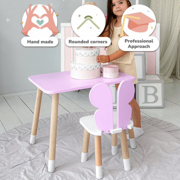 Lilafarbener rechteckiger Schmetterlingstisch und Stuhl für Kinder mit weißer Sitzfläche – Bild 4