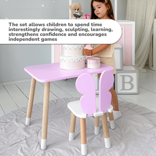 Lilafarbener rechteckiger Schmetterlingstisch und Stuhl für Kinder mit weißer Sitzfläche – Bild 11