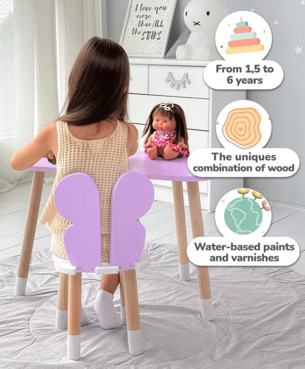 Kindertisch in Wolkenform und Stuhl in Schmetterlingsform, lila mit weißem Sitz – Bild 4