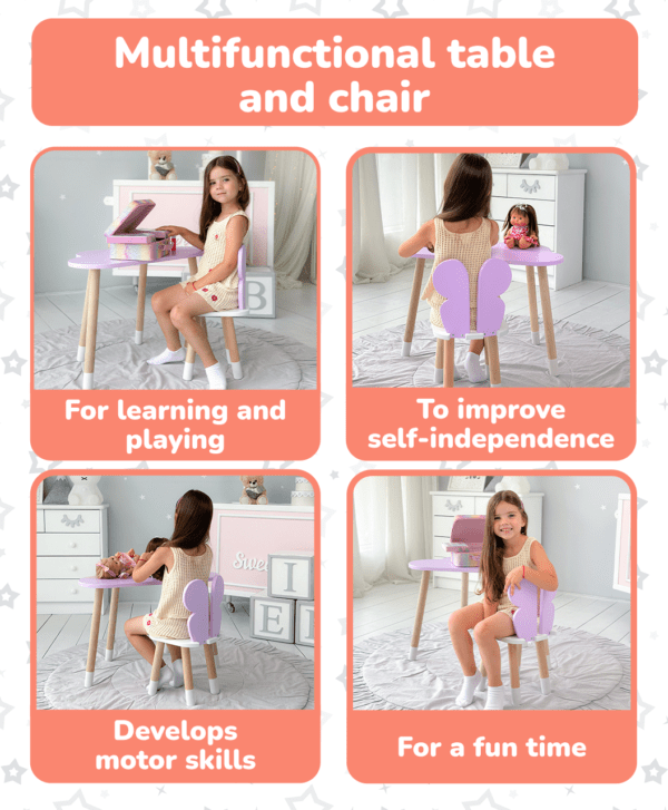 Kindertisch in Wolkenform und Stuhl in Schmetterlingsform, lila mit weißem Sitz – Bild 9