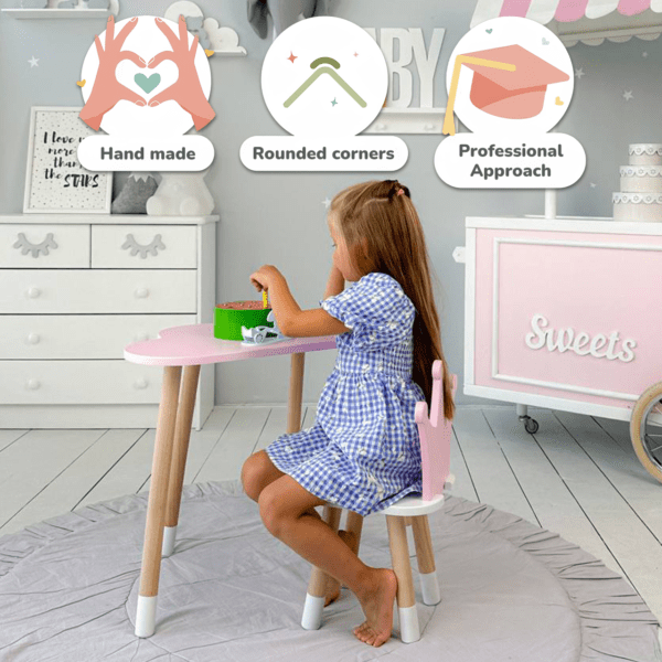 Kindertisch in Wolkenform und rosa Stuhl in Kronenform mit weißem Sitz – Bild 2