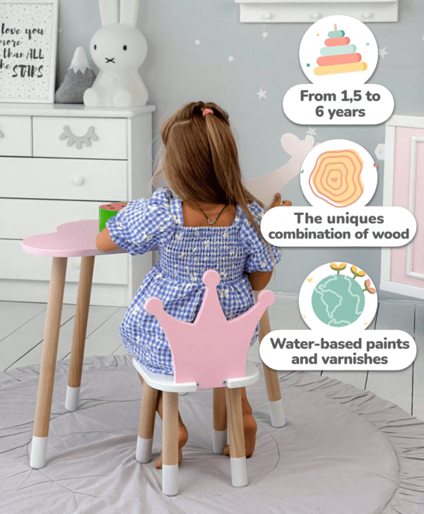 Kindertisch in Wolkenform und rosa Stuhl in Kronenform mit weißem Sitz – Bild 4
